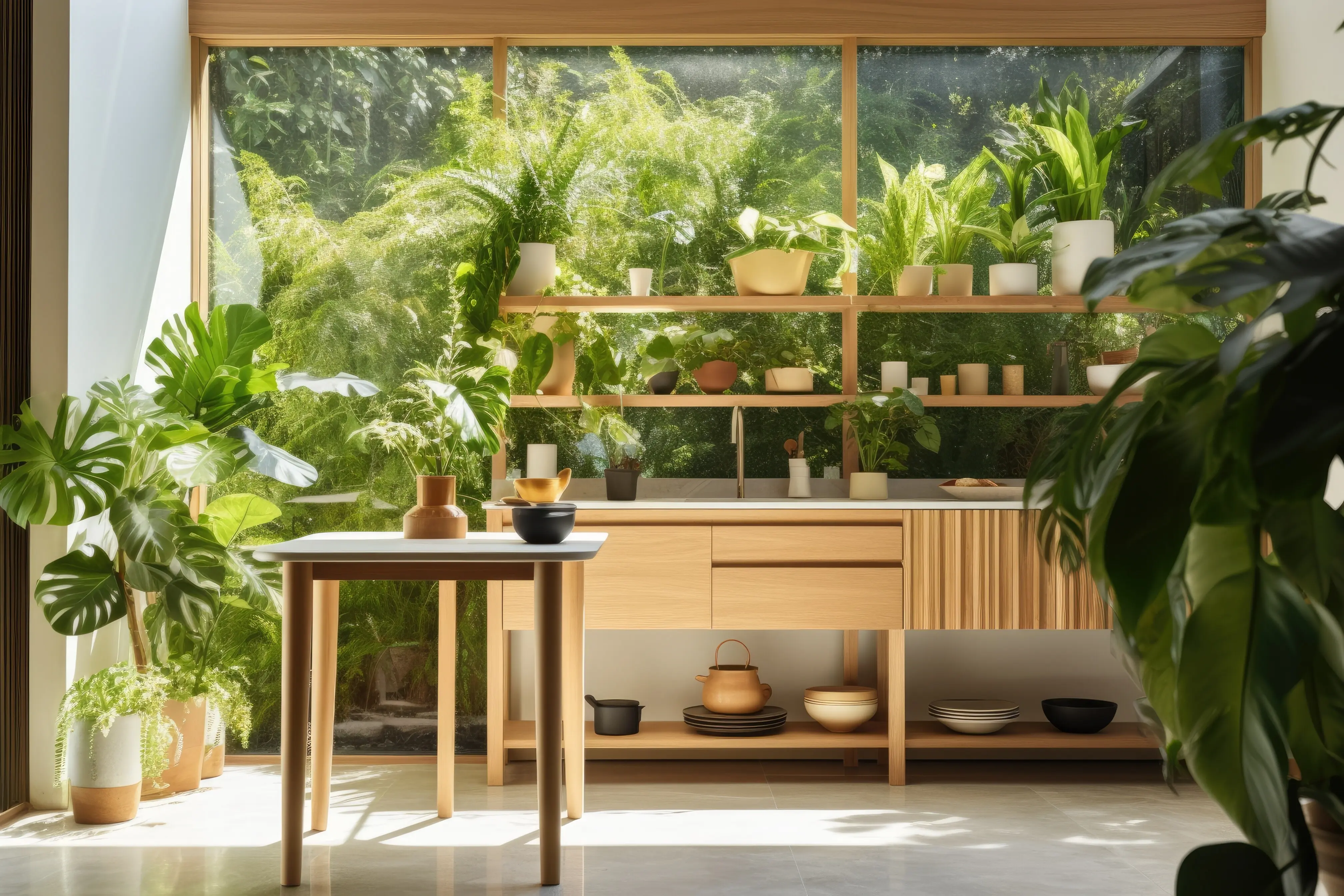 Wundervoller Morgen in einer authentischen modernen Küche mit Schränken, Arbeitsplatte und Insel; Sonnenlicht, Pflanzen, die werfen ...