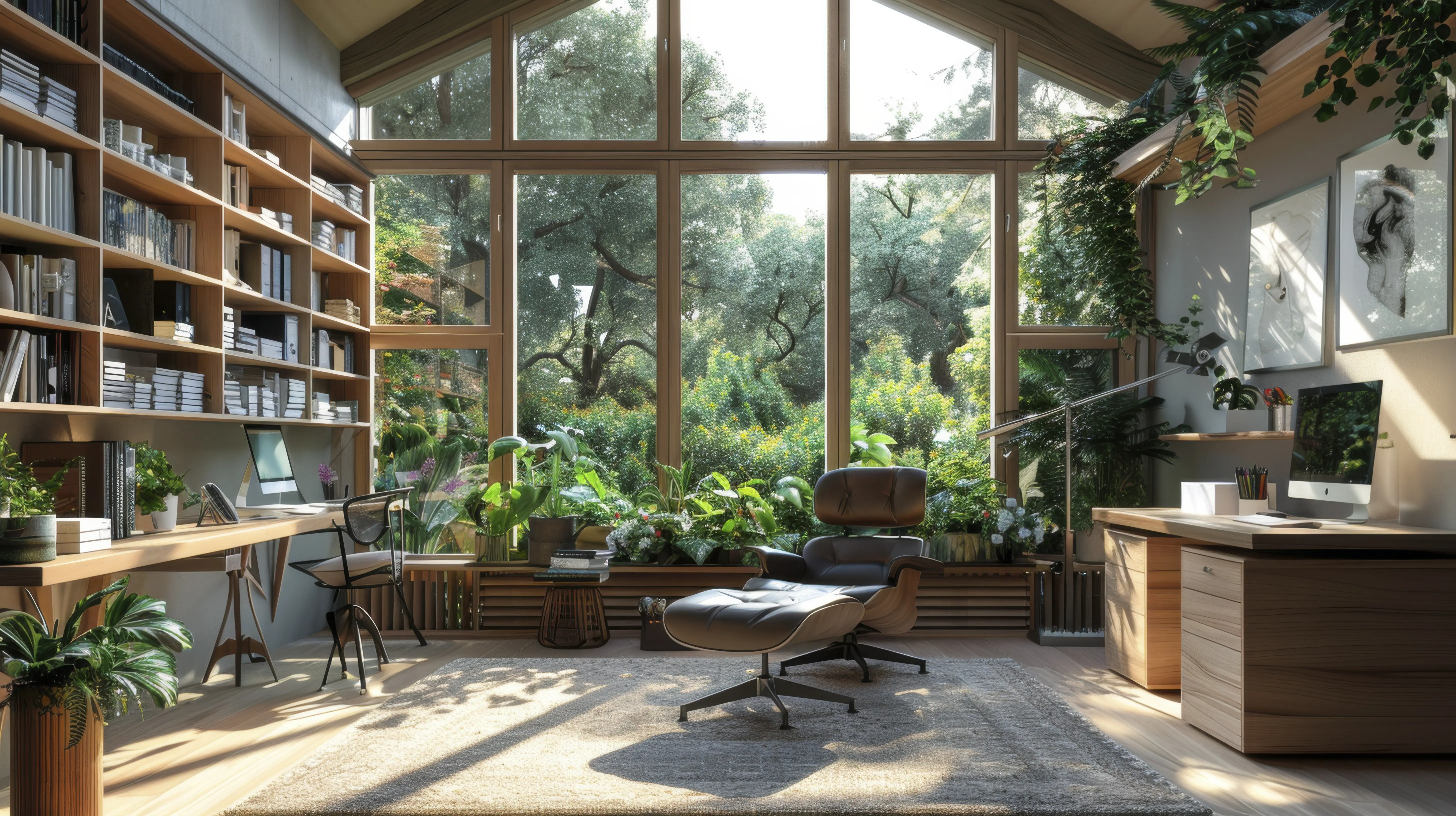 Ruhiges Homeoffice mit natürlichem Licht und funktionalen Möbeln für mentales Wohlbefinden.