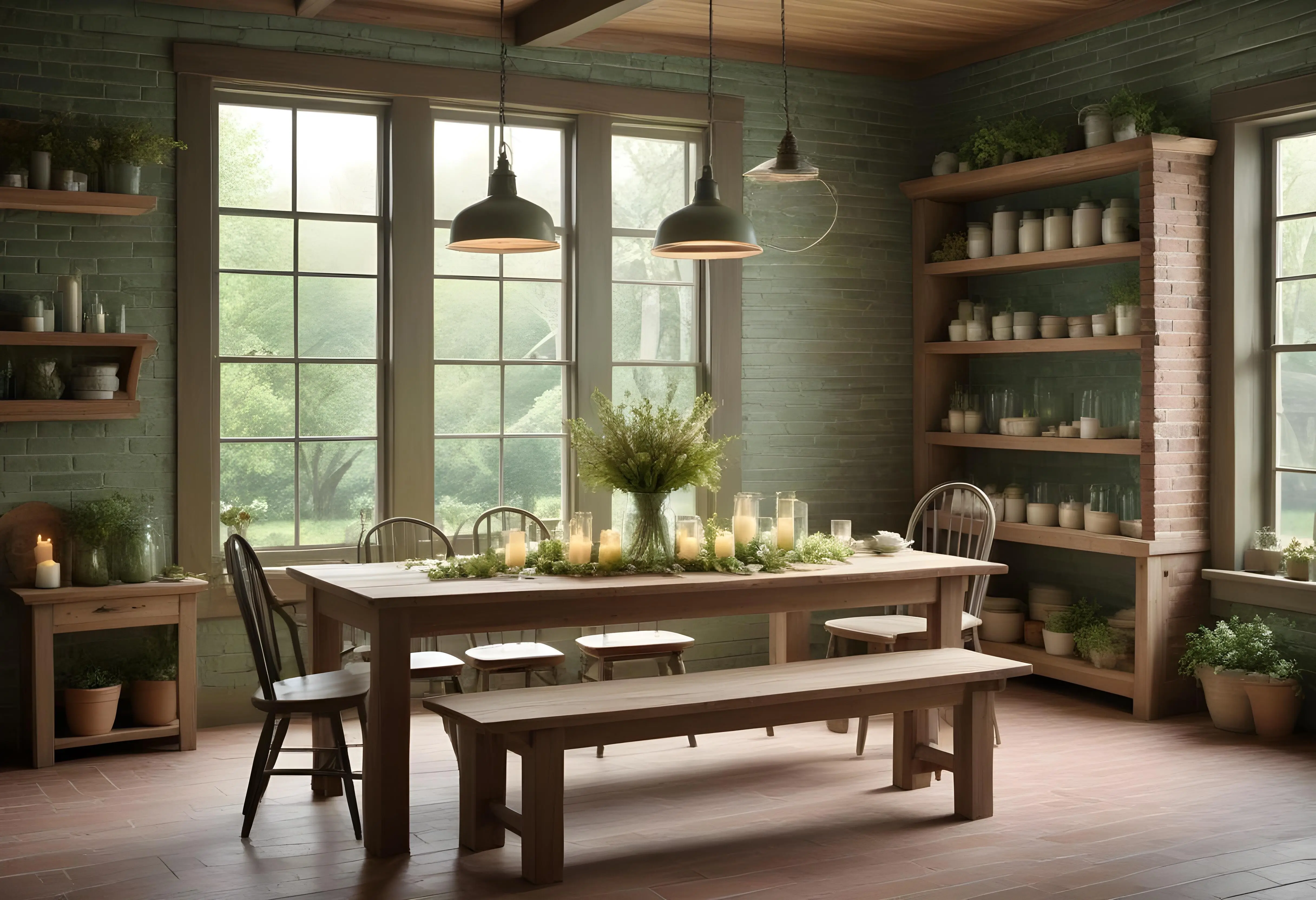 Ein Esszimmer mit einem Tisch und Stühlen sowie einem Tisch mit einer Pflanze darauf.