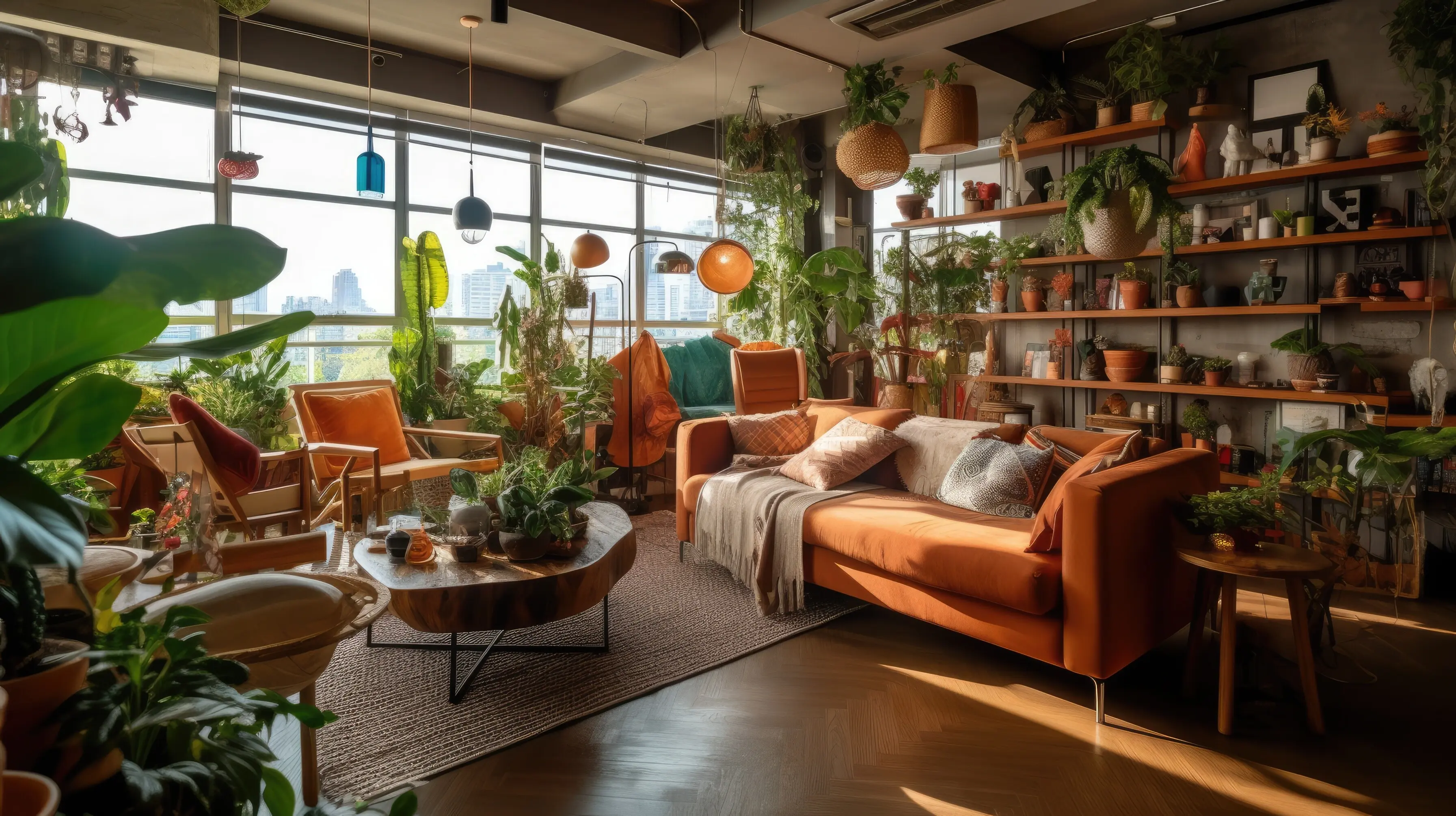 Inspirierendes Büro-Innendesign im bohemischen Stil, Coworking mit eklektischem Architektur-Flair, Generative KI AIG 31