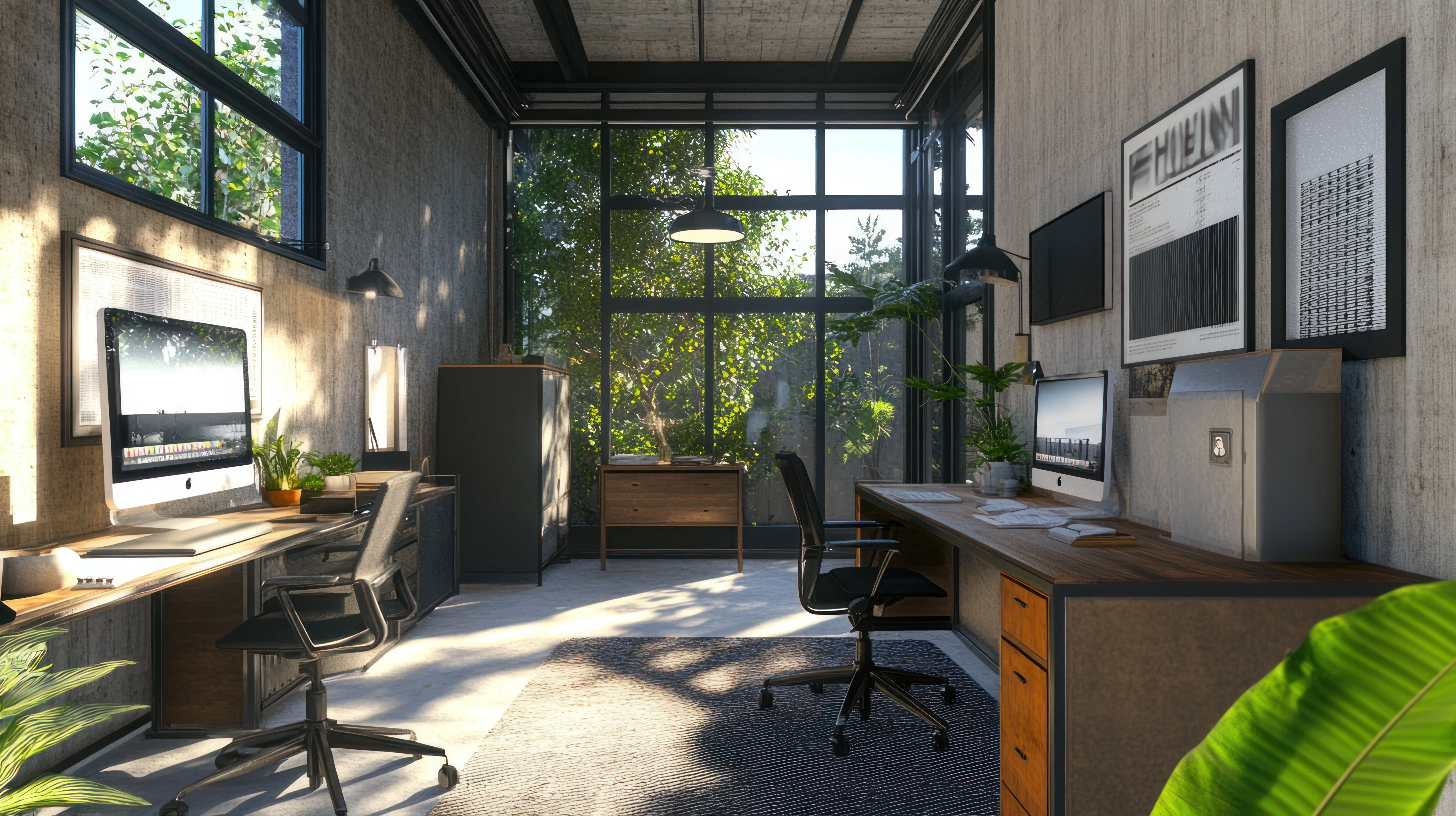 Moderner Büroarbeitsplatz im industriellen Stil mit reichlich natürlichem Licht