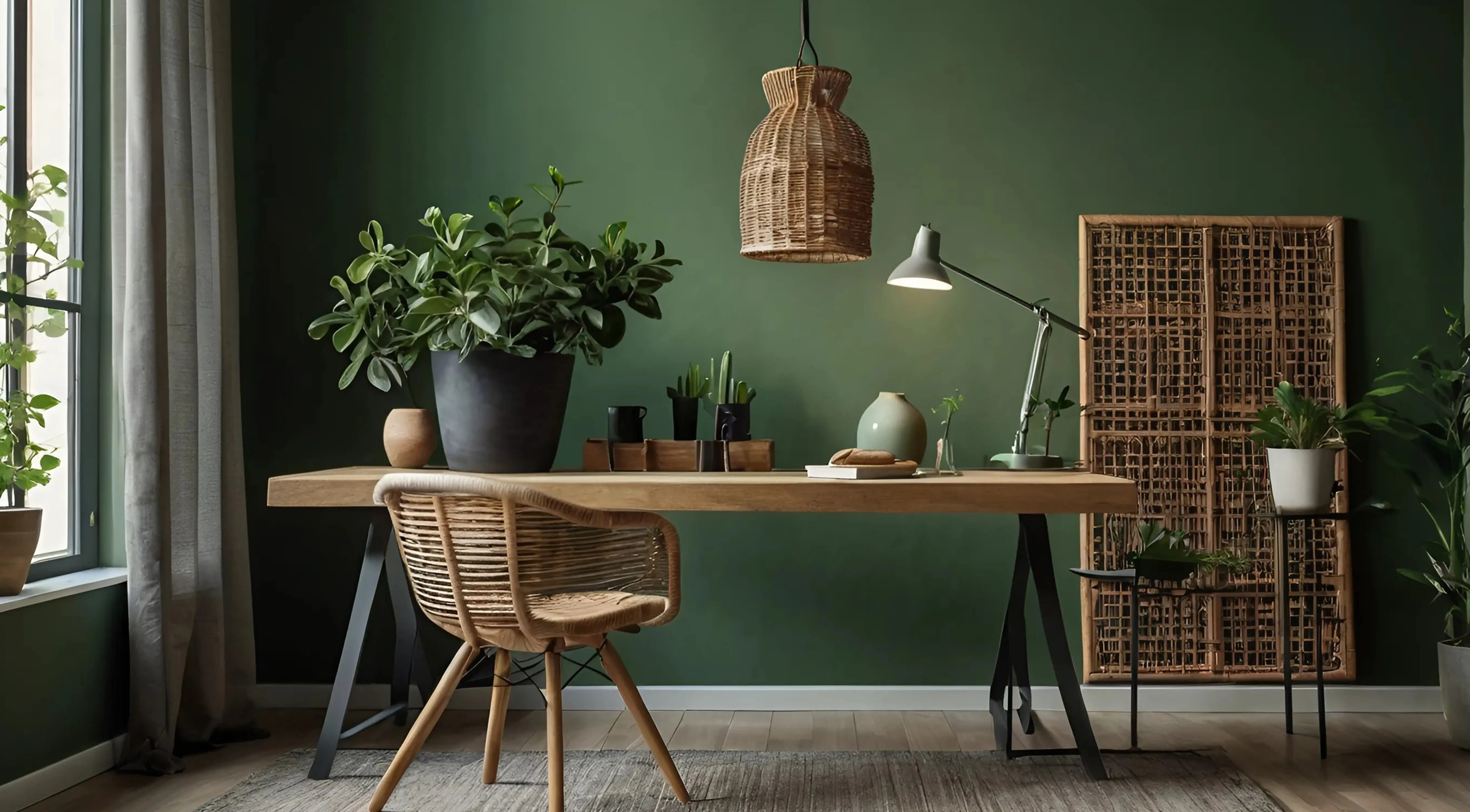 Modernes, minimalistisches Zimmer: Holzschreibtisch und Drahtstuhl aus Metall nahe einer grünen Wand.