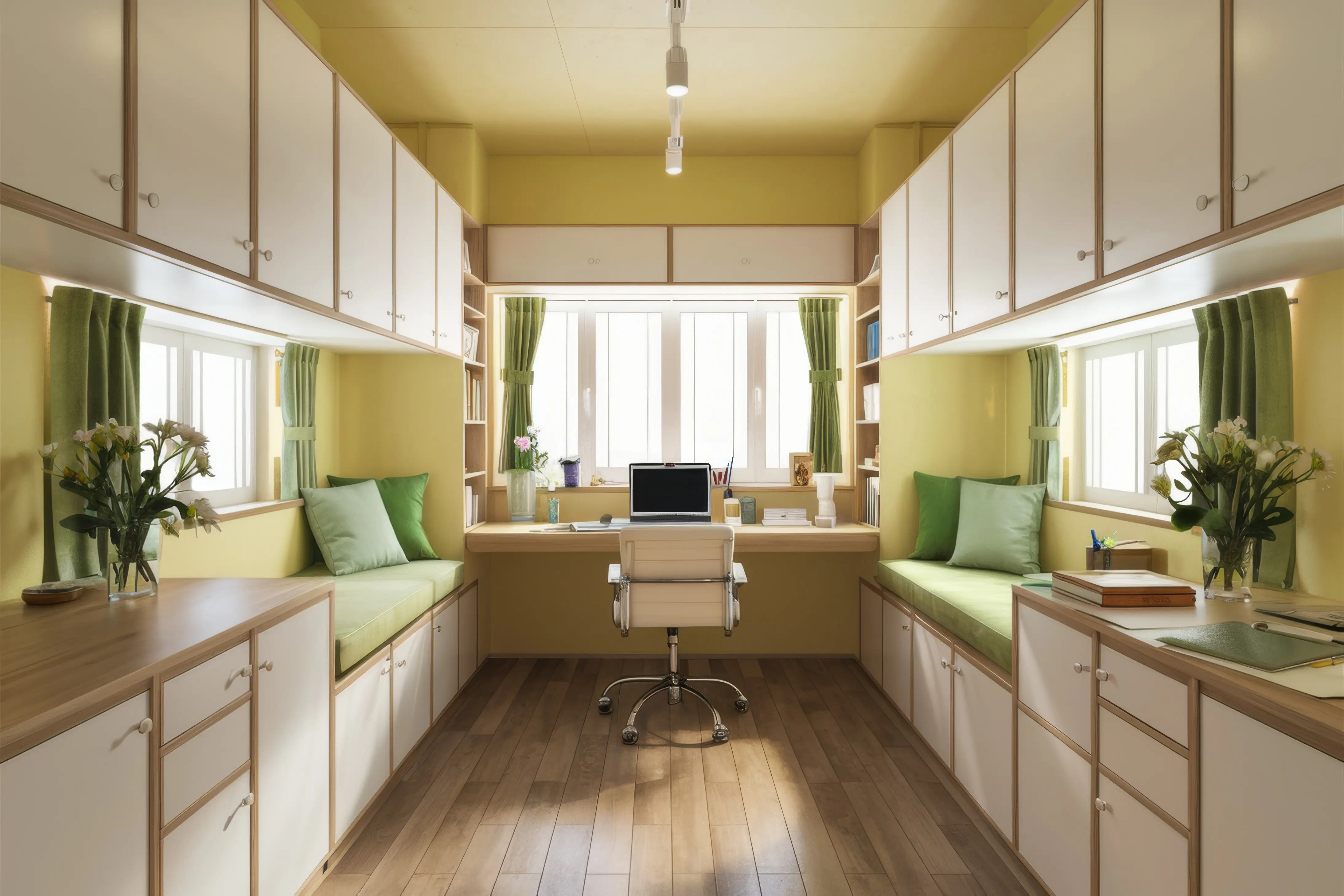 Heller Homeoffice-Innenraum mit grünen Akzenten und weißen Möbeln für modernes Arbeitsplatzdesign